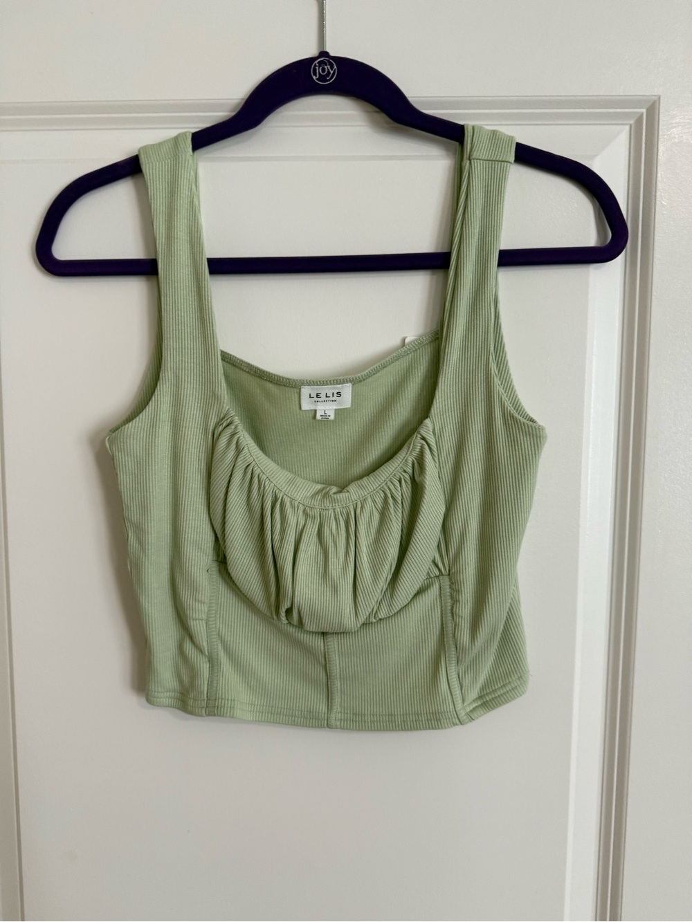 Le Lis Light Sage Ribbed Gathered Scoop Crop Tank